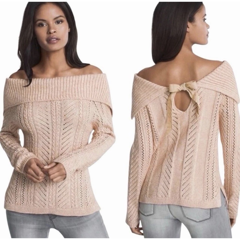 White House Black Market Women's Pink Knit Velvet Bow Sweater Size Small